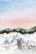 Tender Watercolor Landscape Of Fluffy White Snow-covered Trees In Front Of Dark Coniferous Forest And Blurry Silhouettes Of High Mountain Ranges Below Rosy Sunset Sky. Hand Drawn Winter Illustration