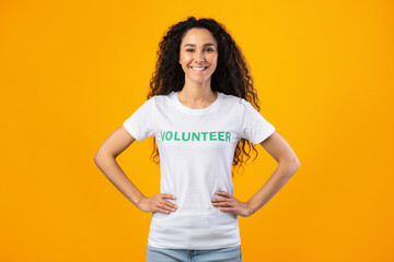 Wall Mural - Enthusiastic Volunteer Woman Posing Smiling Standing Over Yellow Studio Background