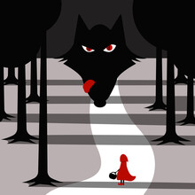 Little Red Riding Hood And Wolf Waiting For Her In Forest. Vector Illustration.