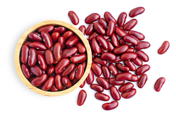 Wall Mural - Red beans or kidney bean in wooden bowl isolated on white background. Top view. Flat lay.