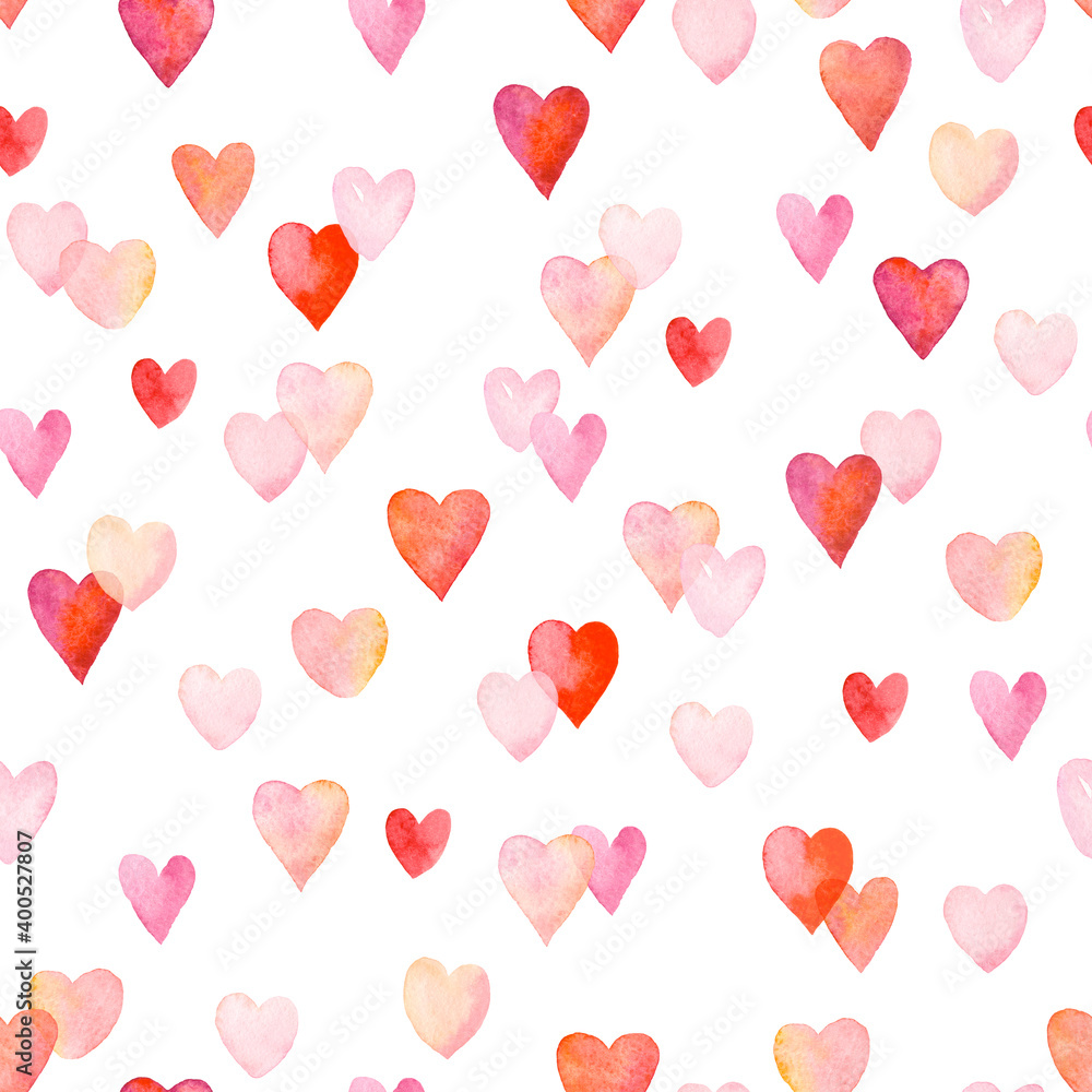 Watercolor seamless pattern with colorful hearts on white background ...