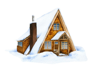 A cozy yellow winter house with a snow-covered roof hand drawn in watercolor isolated on a white background. Watercolor illustration. Winter cottage. Winter landscape.