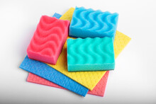 Set Of Multicolored Dishwashing Sponges Isolated On White Background.
