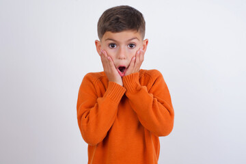 Sticker - Scared terrified Cute Caucasian kid boy wearing knitted sweater against white wall shocked with prices at shop, People and human emotions concept