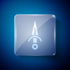 White Dagger icon isolated on blue background. Knife icon. Sword with sharp blade. Square glass panels. Vector.