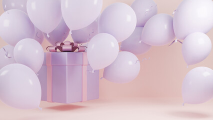 Gift box Fly in air with balloon and pink ribbon pastel background.,Christmas and happy new year background concept.,3d model and illustration.