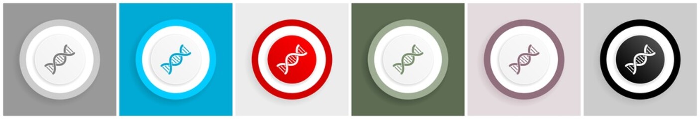 Poster - Dna, genetic molecule icon set, colorful flat design vector illustrations in 6 options for web design and mobile applications