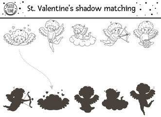 Saint valentine day black and white shadow matching activity for children. Fun outline puzzle with cute holiday symbols. Educational game for kids with cupids and love theme. Find correct silhouette .