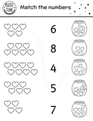 Wall Mural - Saint Valentine day black and white matching game with hearts in jar. Holiday math activity for preschool children. Outline love themed printable counting worksheet for kids.