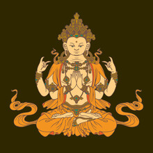 Banner With Hand-drawn Buddha Shakyamuni On A Dark Background. Decorative Vector Illustration Of Sitting Gautama Buddha Meditating In A Lotus Position. Buddhist Or Hindu God, Awakened And Enlightened