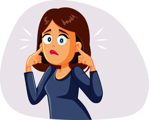 Young Woman Covering up His Ears Hearing a Stressful Noise