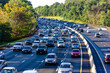Peak hour traffic on Garden State Parkway photographed from an over bridge at Clark, New Jersey, in the morning, with all the lanes crowded in the direction towards New York City.