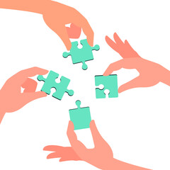 Four hands put together a puzzle. Concept: teamwork, strategy, idea, collective intelligence. Vector illustration, flat cartoon color design, isolated on white background, eps 10.