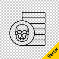 Sticker - Black line Pirate coin icon isolated on transparent background. Vector.