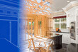 © Andy Dean - Kitchen Blueprint Drawing Gradating Into House Construction Framing Then Into Finished Build