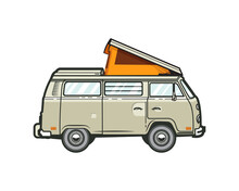 Van With Surfboard On Top Of The Roof On White Background