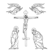 Crucifixion Of Jesus Christ On The Cross, Holy Virgin Mary, Apostle John And Angels, Orthodox Icon, Vector Illustration With Black Ink Contour Lines Isolated On A White Background In Hand Drawn Style