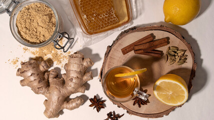 Wall Mural - Ginger root and powder for cooking with spices