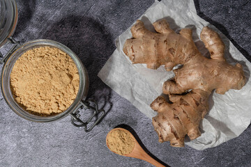 Wall Mural - Ginger root and powder for cooking with spices