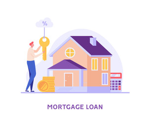 Mortgage Loan. Man Buying House with Bank Credit and Holding Key in Hands. Concept of Mortgage Payment, Real Estate Property, Home for Sale. Vector illustration for Web Design