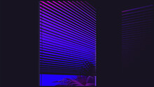 Aesthetic Palm Springs Louver Window View, Neon Purple Sky And Palm Tree, Dark Room Ambient With Glow Reflect On Wall, 80s Summer Vibe
