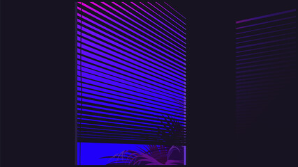 Wall Mural - Aesthetic palm springs louver window view, neon purple sky and palm tree, dark room ambient with glow reflect on wall, 80s summer vibe