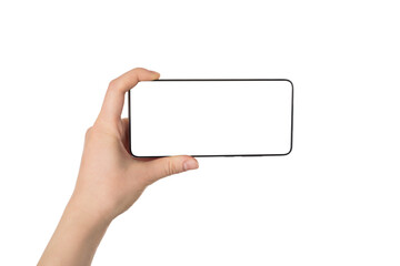 Taking picture concept. Pov first person view photo of female hand holding telephone in horizontal position taking image isolated white background