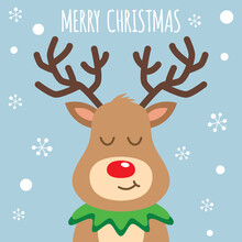 Reindeer Red Nosed Cute Smile Cartoon. Christmas Card.