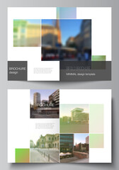 Wall Mural - Vector layout of two A4 cover mockups design templates for bifold brochure, flyer, magazine, cover design, book design, brochure cover. Abstract project with clipping mask green squares for your photo