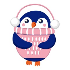  Dark blue baby penguin wearing pink and white sweater and headphones. Orange beak and feet. Cartoon style. Cute and funny. Merry Christmas. Happy New Year. Template for stickers, post cards, posters