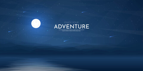 Wall Mural - Vector illustration. Background with copy space. Minimalist landscape. Dark night scene. Beautiful clear sky with shooting stars. Polygonal style. Mountains. Moonlight reflection in water. Blue color