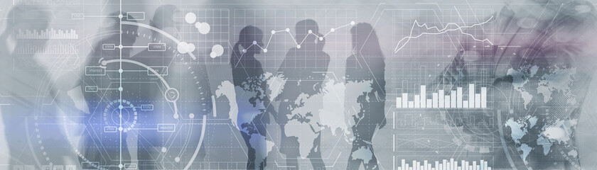 Wall Mural - financial dashboard with business intelligence. background silhouettes and city.