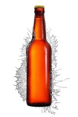 Wall Mural - Beer bottle with long neck in water splash isolated on white.