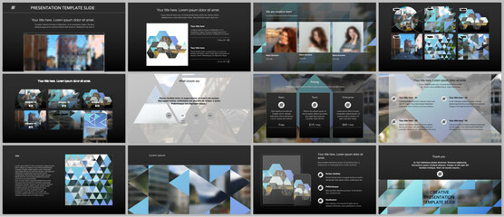 Sticker - Vector templates for website design, presentations, portfolio. Templates with triangles, triangular pattern for presentation slides, flyer, leaflet, brochure cover. Backgrounds with place for photo.