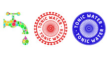Water Tap Composition Of Christmas Symbols, Such As Stars, Fir-trees, Colored Balls, And TONIC WATER Rubber Stamps. Vector TONIC WATER Stamps Uses Guilloche Ornament,