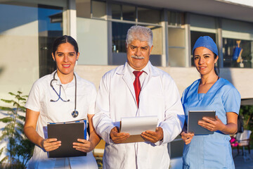 Wall Mural - Latin team of medical doctors are looking at camera and smiling while standing outside of mexican hospital in Mexico city or latin america