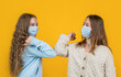 © be free - hello. avoid contact with each other. covid-19 and healthcare. girls in respirator medical mask. patients in safety item. hygiene on coronavirus pandemic. epidemic outbreak quarantine. lockdown