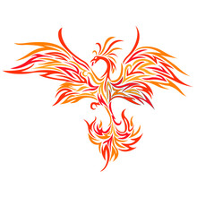 Phoenix Bird In Flight Bright Silhouette Drawn By Decorative Lines In A Flat Style. Bird Tattoo, Firebird Logo, Emblem For Clothing Design, Sticker, Album, Paper, Sticker, Banner, T-shirt Print.Vector