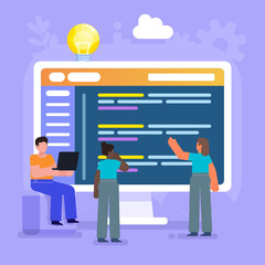 Coding, web app, software development. Group of people stand near big screen. Modern vector illustration