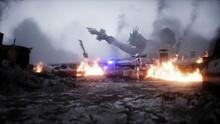 American Apocalypsis. Military Car In A Burning Ruined City. Armageddon View. 3d Rendering.
