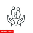 © Fourdoty - Hands holding family icon. Family life insurance sign, thin line web symbol on white background - editable stroke vector illustration eps10