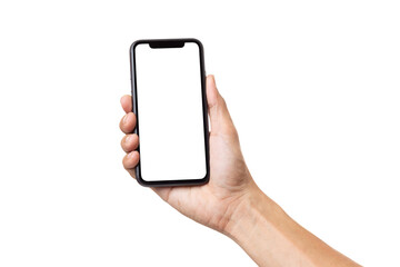 Hand man holding mobile smartphone with blank screen isolated on white background with clipping path