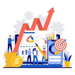 Financial and marketing concept with tiny character. Teamwork, people work together, analyze infographics flat vector illustration. Strategy, planning, market research, finance, investment metaphor