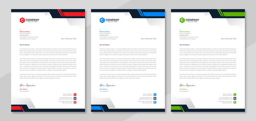 Modern corporate letterhead template design in red, blue & green color. Business letterhead layout with company logo for marketing. Professional official letterhead with abstract geometric background.