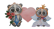 Couple Of Pandas In Love. The Groom In A Tie And With A Bouquet Of Red Flowers And The Bride In A Wedding Dress, In A Veil And Crown On The Background Of A Large Heart. Watercolor. Hand Drawing