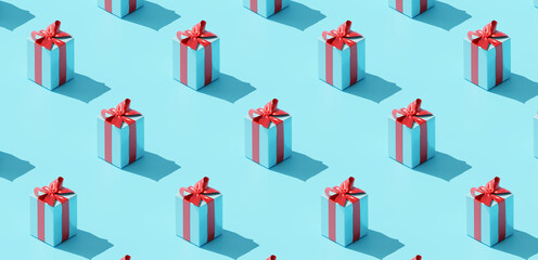 pattern gift boxes on pastel blue background. 3d rendering
