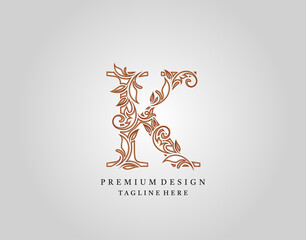 Calligraphic K Letter logo design, elegant floral ornate alphabet design vector.