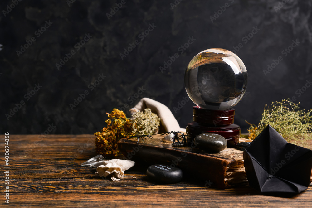 Accessories of fortune teller on table