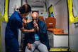 © Anna Kosolapova - A female paramedic with a stethoscope is checking her patient's heartbeat.