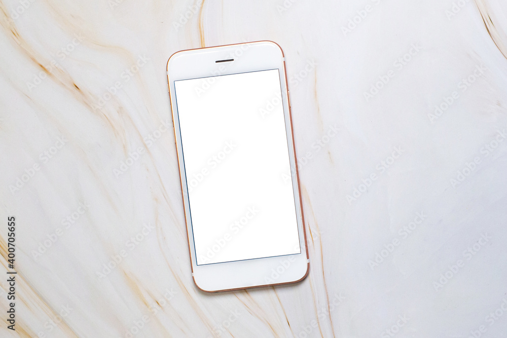 Flat lay Smartphone with blank white screen and copy-space on marble ...